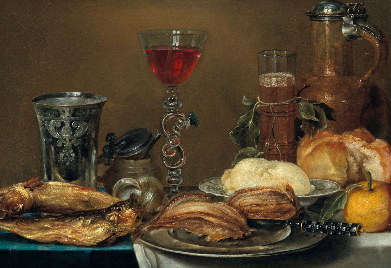 Frühstücksstillleben mit Fisch, Brot, Butter und einer Zitrone vor einem Krug, Gläsern und einem Silberbecher von Alexander Adriaenssen