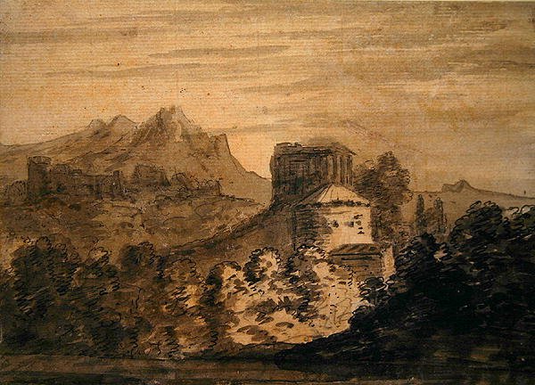 Gebirgige Landschaft mit italienischen Gebäuden von Alexander Cozens