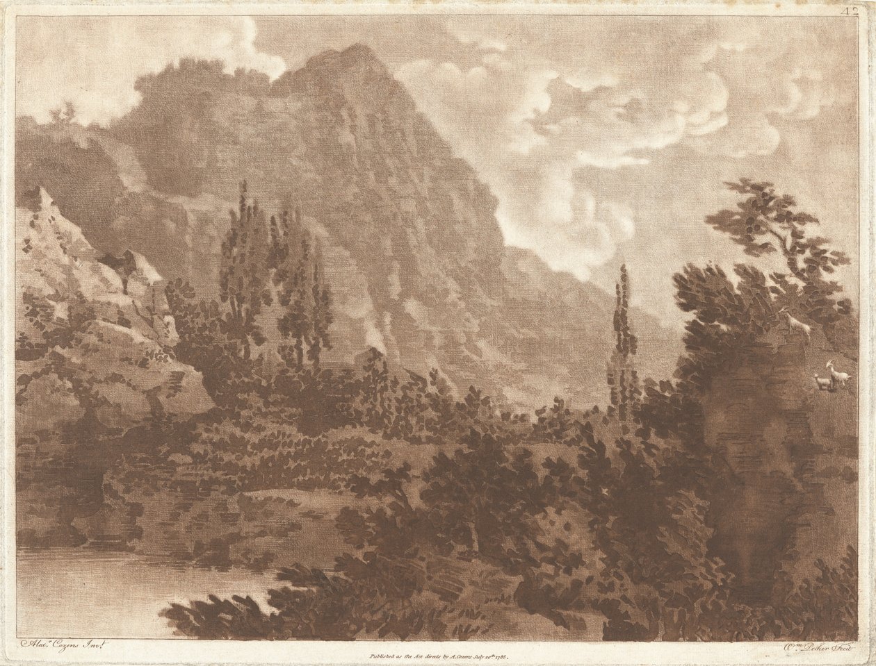 Eine zweite Zeichnung, die aus dem gleichen Klecks gemacht wurde von Alexander Cozens and William Pether