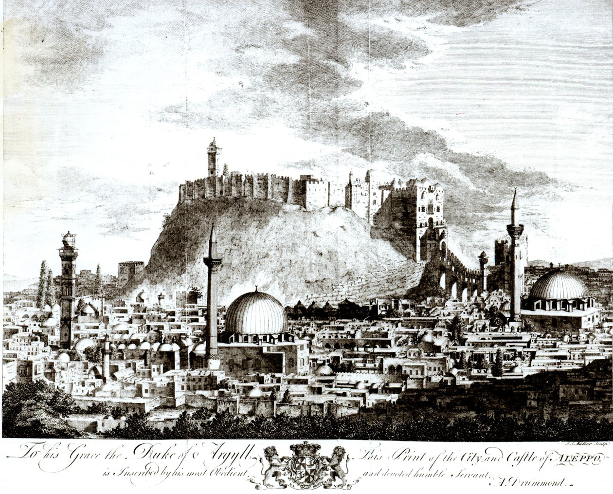 Ein Blick auf die Stadt und das Schloss von Aleppo, Syrien, 1754 von Alexander Drummond