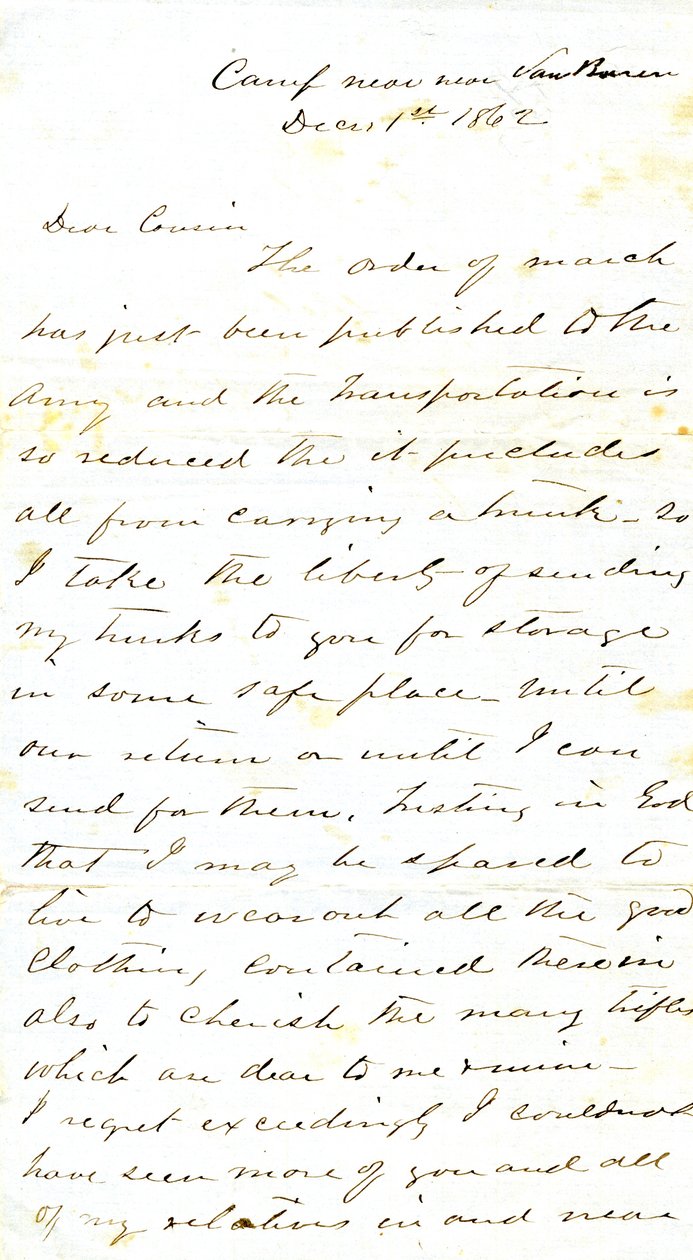 Brief unterzeichnet A.E. Steen, Lager in der Nähe von Van Buren, an seine Cousine Frau Mary Walker, Van Buren, Ark., 1. Dezember 1862 von Alexander Early Steen