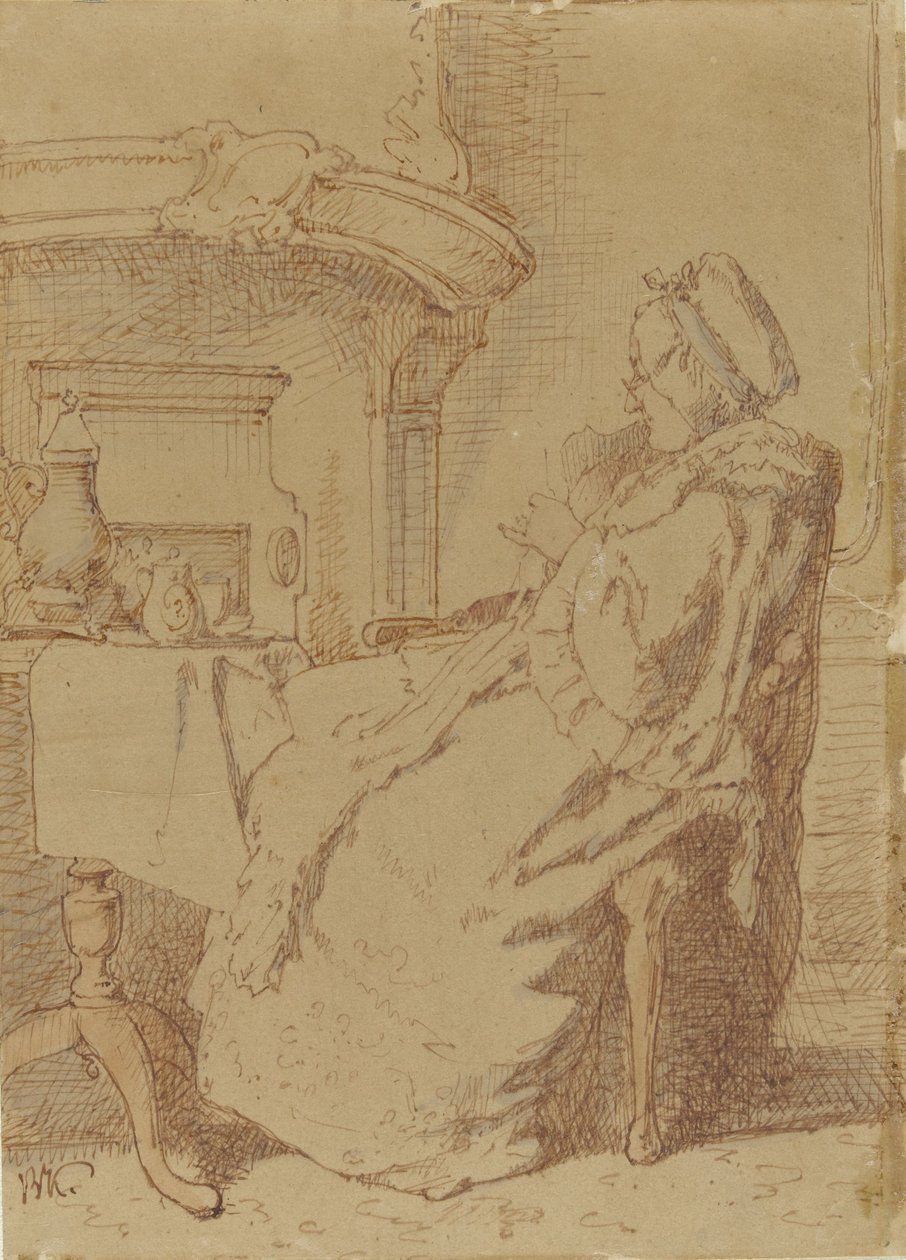 Sitzende, strickende alte Frau an einem Tisch von Alexander Hugo Bakker-Korff