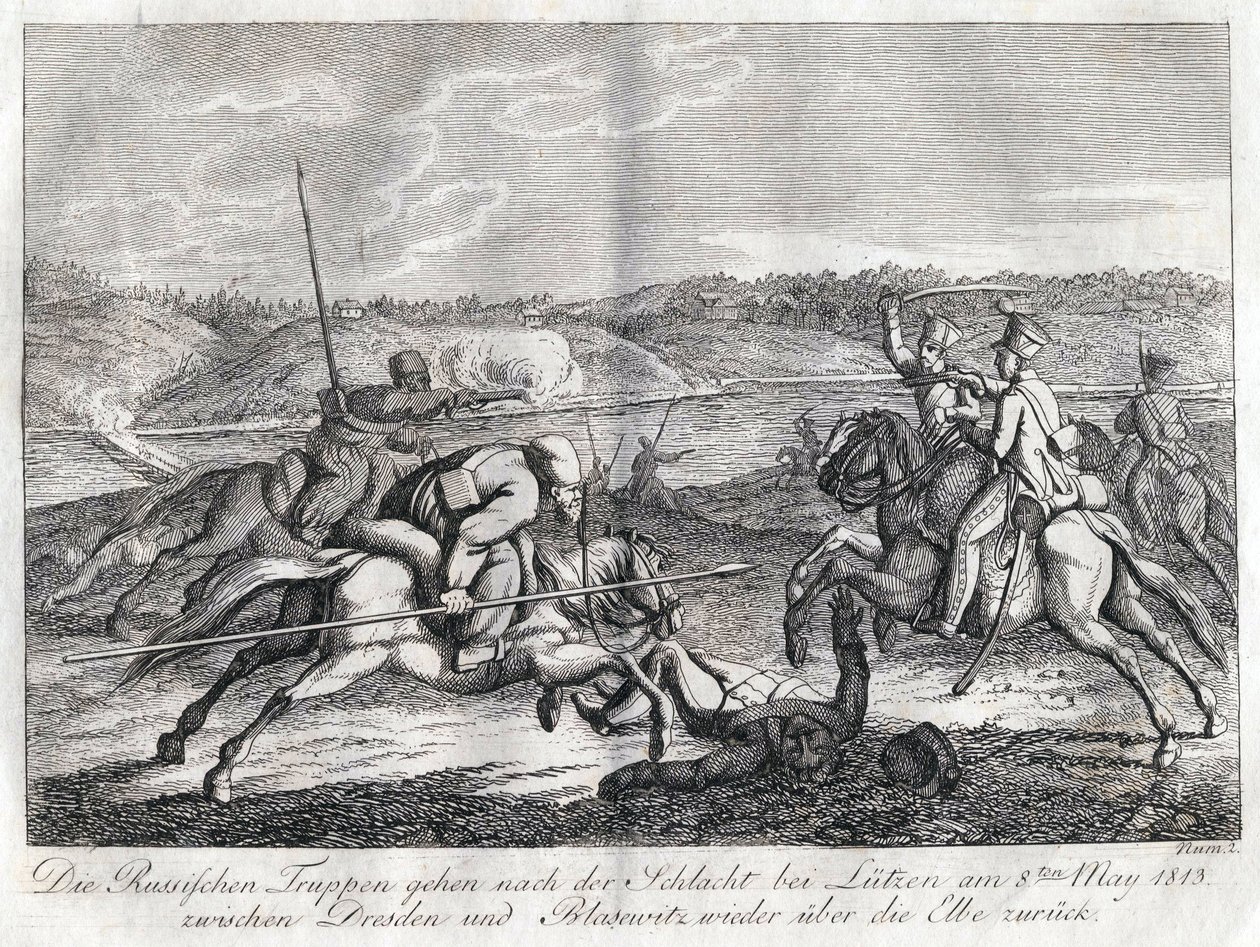 Russische Truppen ziehen nach der Schlacht von Lützen über die Elbe zurück von Alexander Ivanovich Sauerweid
