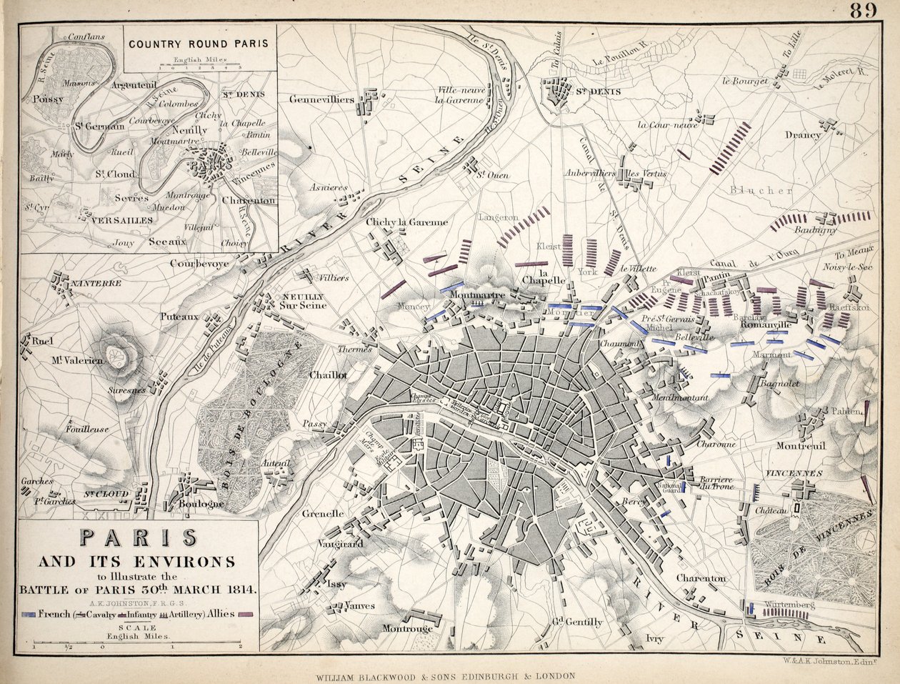 Karte von Paris und Umgebung, veröffentlicht von William Blackwood and Sons, Edinburgh & London von Alexander Keith Johnston