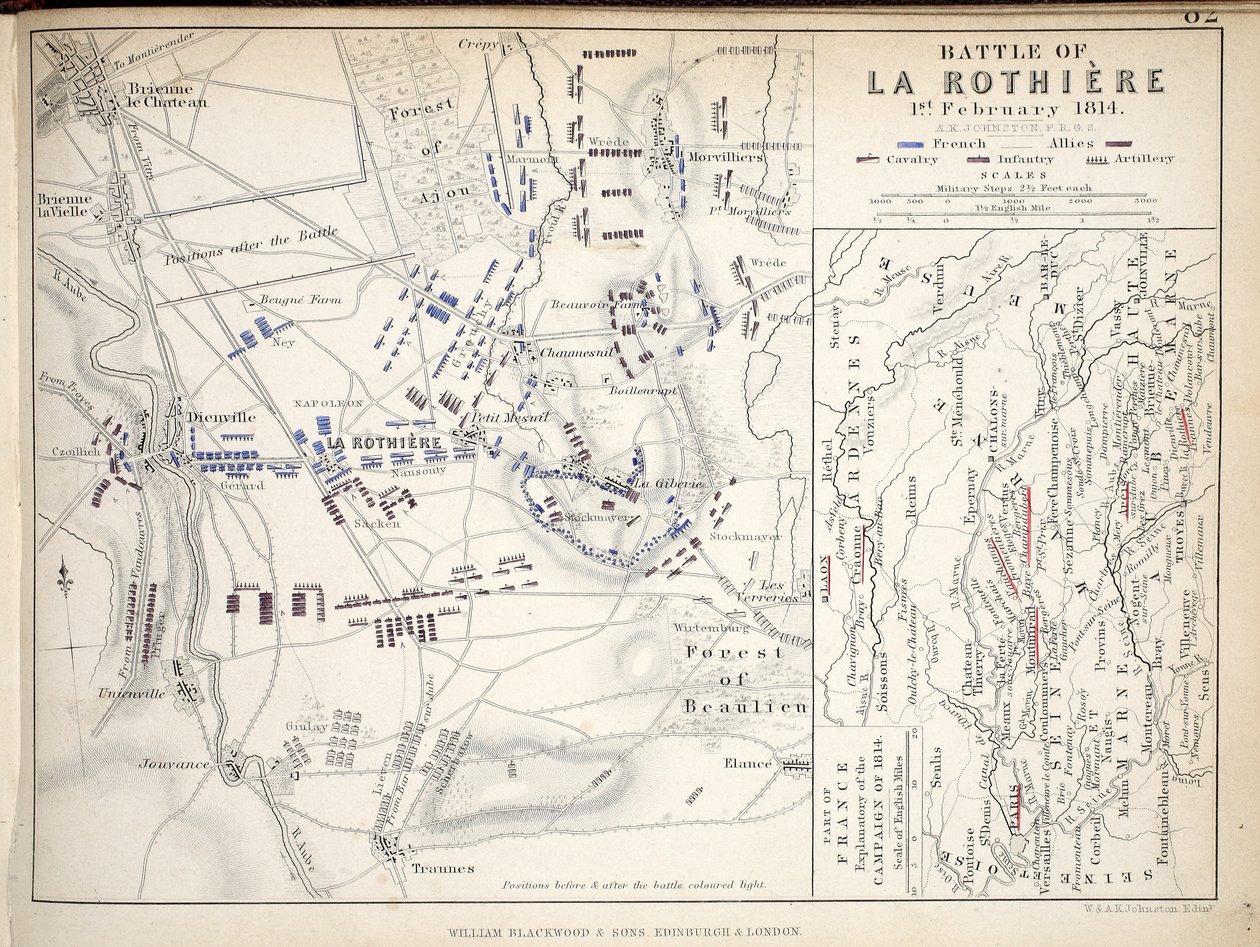 Karte der Schlacht von La Rothiere, veröffentlicht von William Blackwood and Sons, Edinburgh und London, 1848 von Alexander Keith Johnston