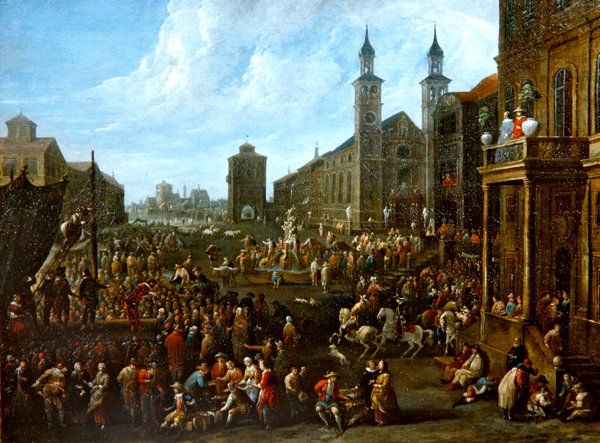 Eine Marktszene mit Straßenkünstlern und anderen Figuren von Alexander van Bredael