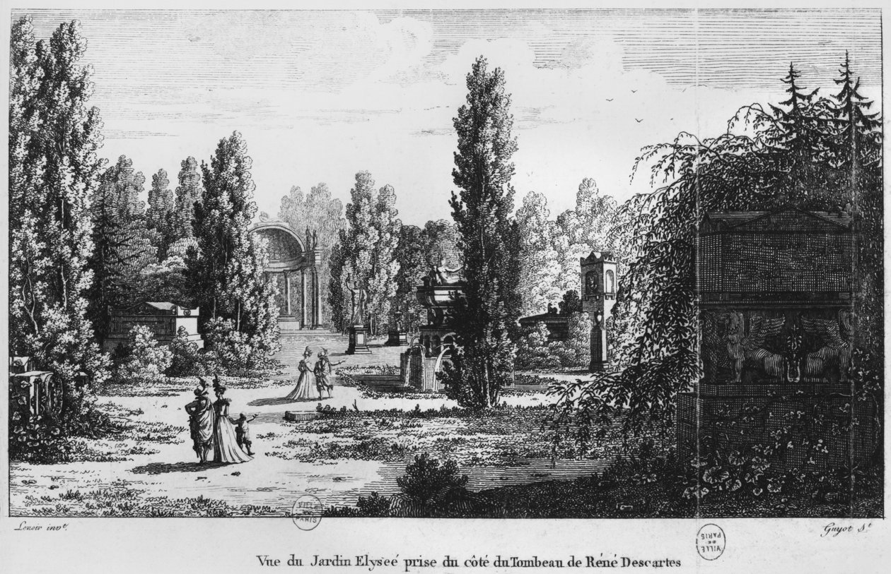 Musee des Monuments Francais, Paris, Blick auf den Jardin Elysee vom Grab von Rene Descartes, graviert von Laurent Guyot von Alexandre Marie Lenoir