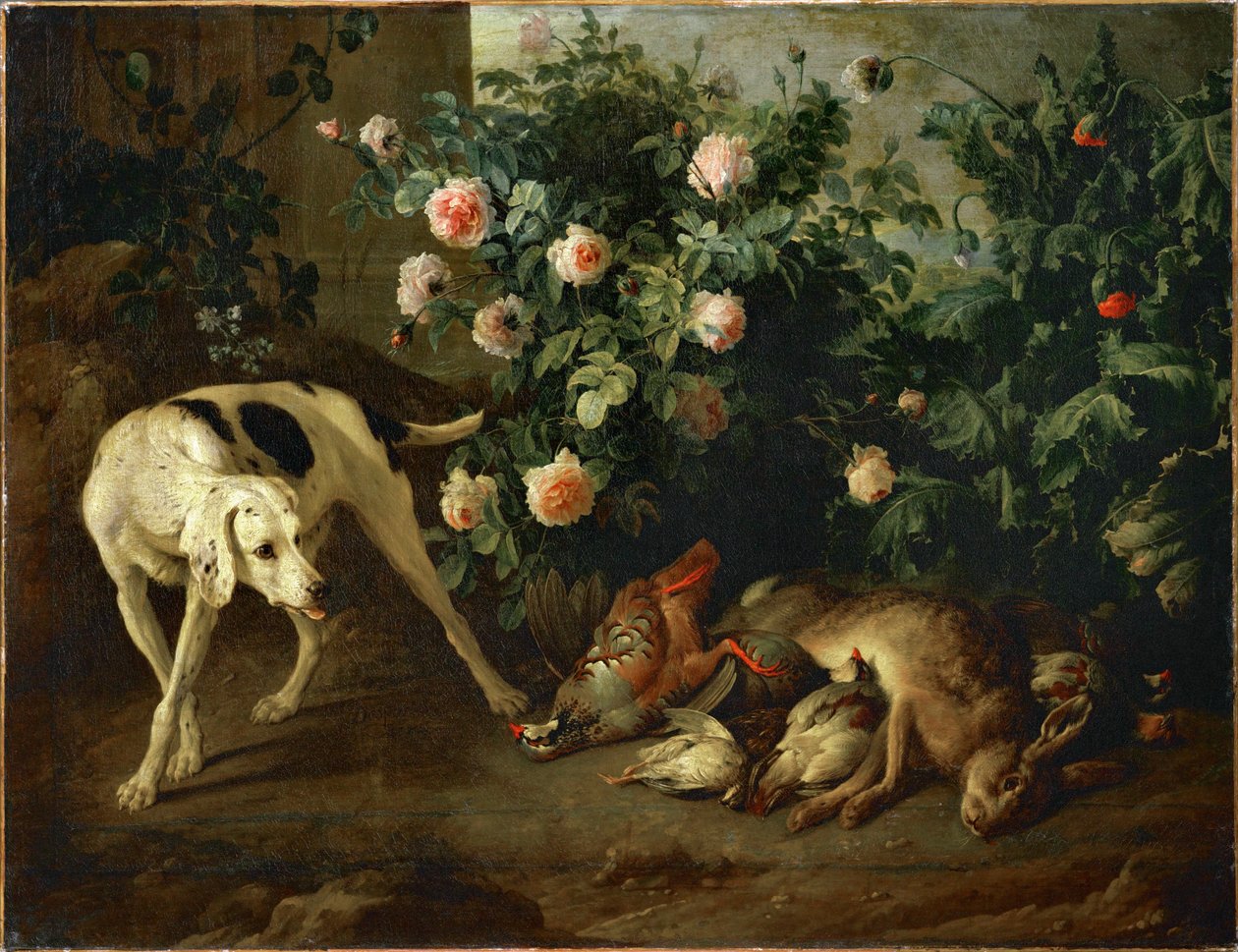 Hund bewacht Wild in der Nähe eines Rosenstrauchs von Alexandre Francois Desportes