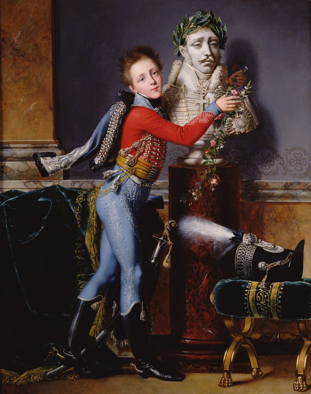 Porträt von Edouard Cesar de Laborde, der die Büste seines Vaters mit Blumen schmückt, 1817 von Alexandre Jean Dubois Drahonet