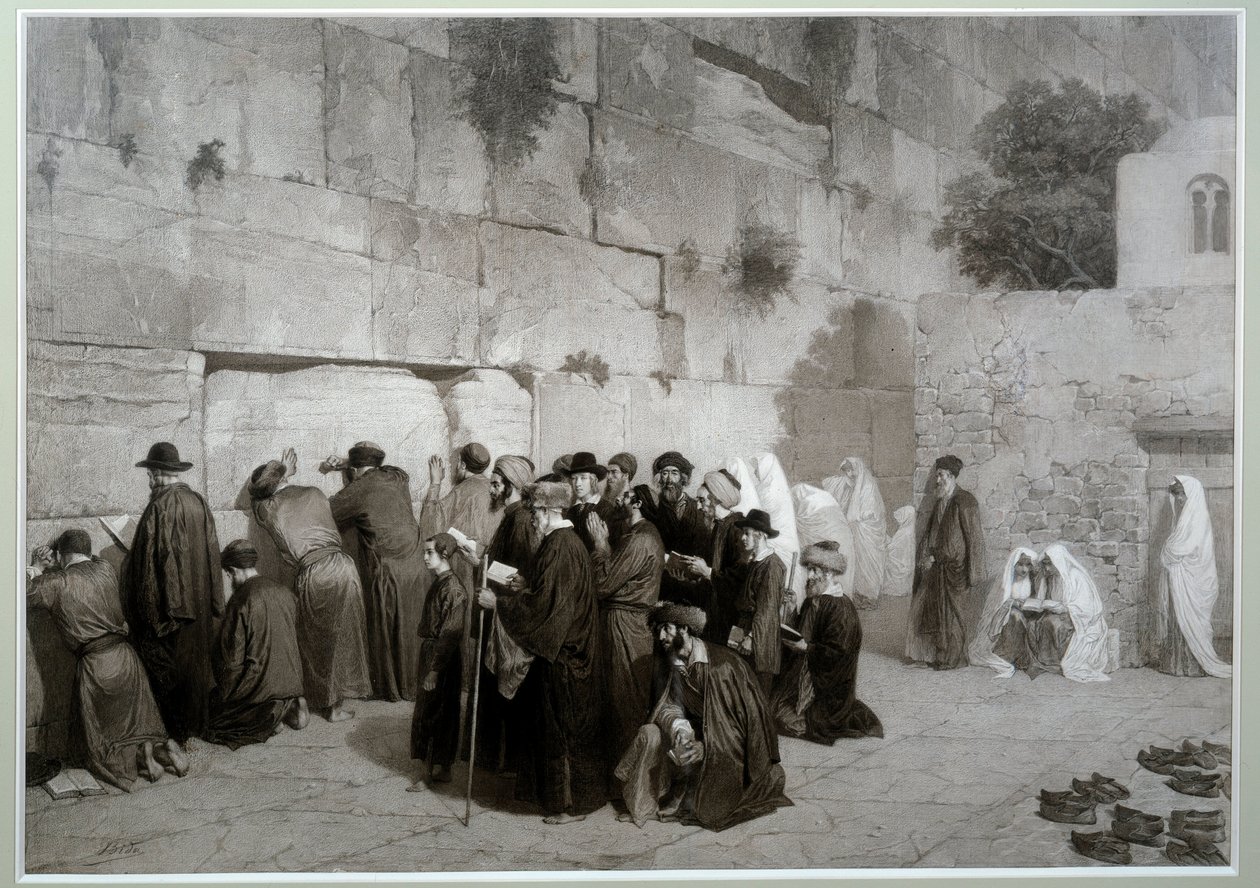 Judentum: „Die Mauer Salomons“ Männer und Frauen jüdischen Glaubens beten vor der Klagemauer. Vor 1857. Zeichnung von Alexandre Bida (1823-1895), Waschung, Feder und Bleistift auf Papier, Dim. 0,61x0,87 m Malmaison, Schlossmuseum von Alexandre Bida