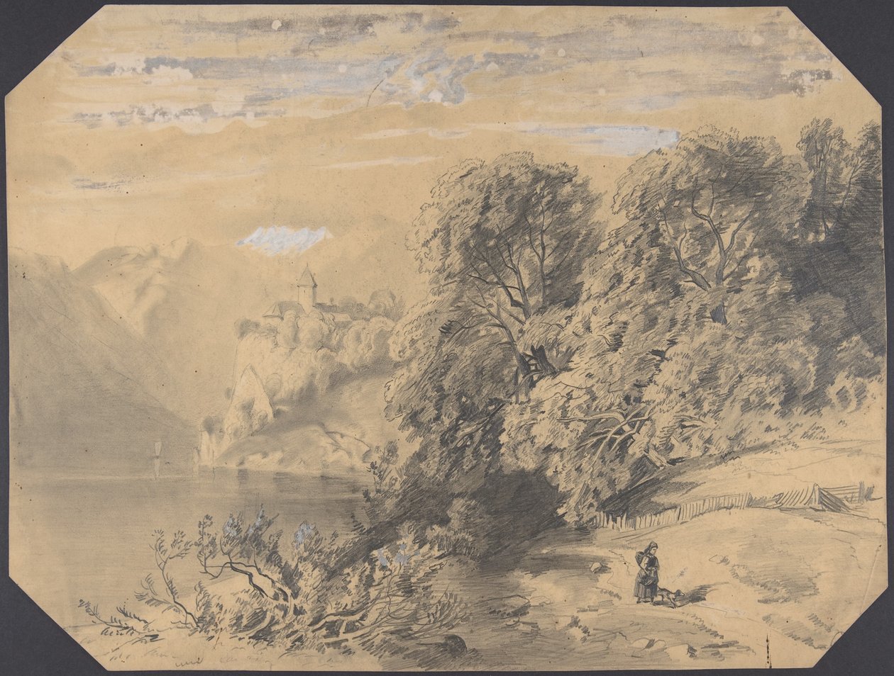 Frau mit einem Hund an einem Bergsee von Alexandre Calame