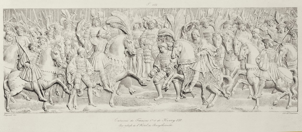 Treffen von Franz I. und Heinrich VIII. auf dem Feld des Goldenen Tuchs, nach dem geschnitzten Steinrelief im Hotel de Bourgtheroulde, Rouen, Normandie, 1501-37, graviert von Godefroy Engelmann von Alexandre Evariste Fragonard