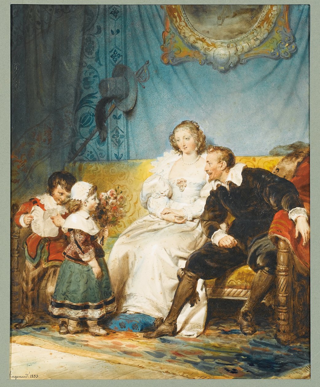 Rubens und Hélène Fourment sitzen mit Frans, der einen Brief hält, und Isabelle Hélène, die ihnen einen Rosenstrauß gibt von Alexandre Evariste Fragonard