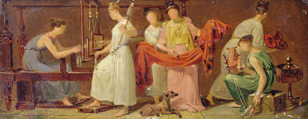 Sechs Frauen weben in einem Innenraum von Alexandre Evariste Fragonard