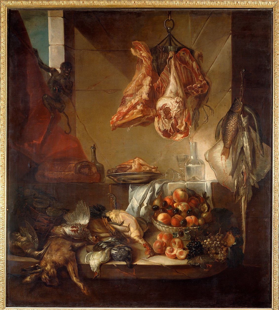 Küchenstillleben mit Wild, Obst und Fleisch. Gemälde von François Desportes (1661-1743), 18. Jahrhundert. Châlons-sur-Marne, Musée des Beaux-Arts von Alexandre Francois Desportes