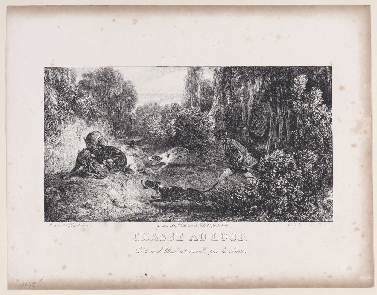 Wolfsjagd: Verwundetes Tier von Hunden angegriffen, aus der Serie Jagdszenen, 1829 von Alexandre Gabriel Decamps