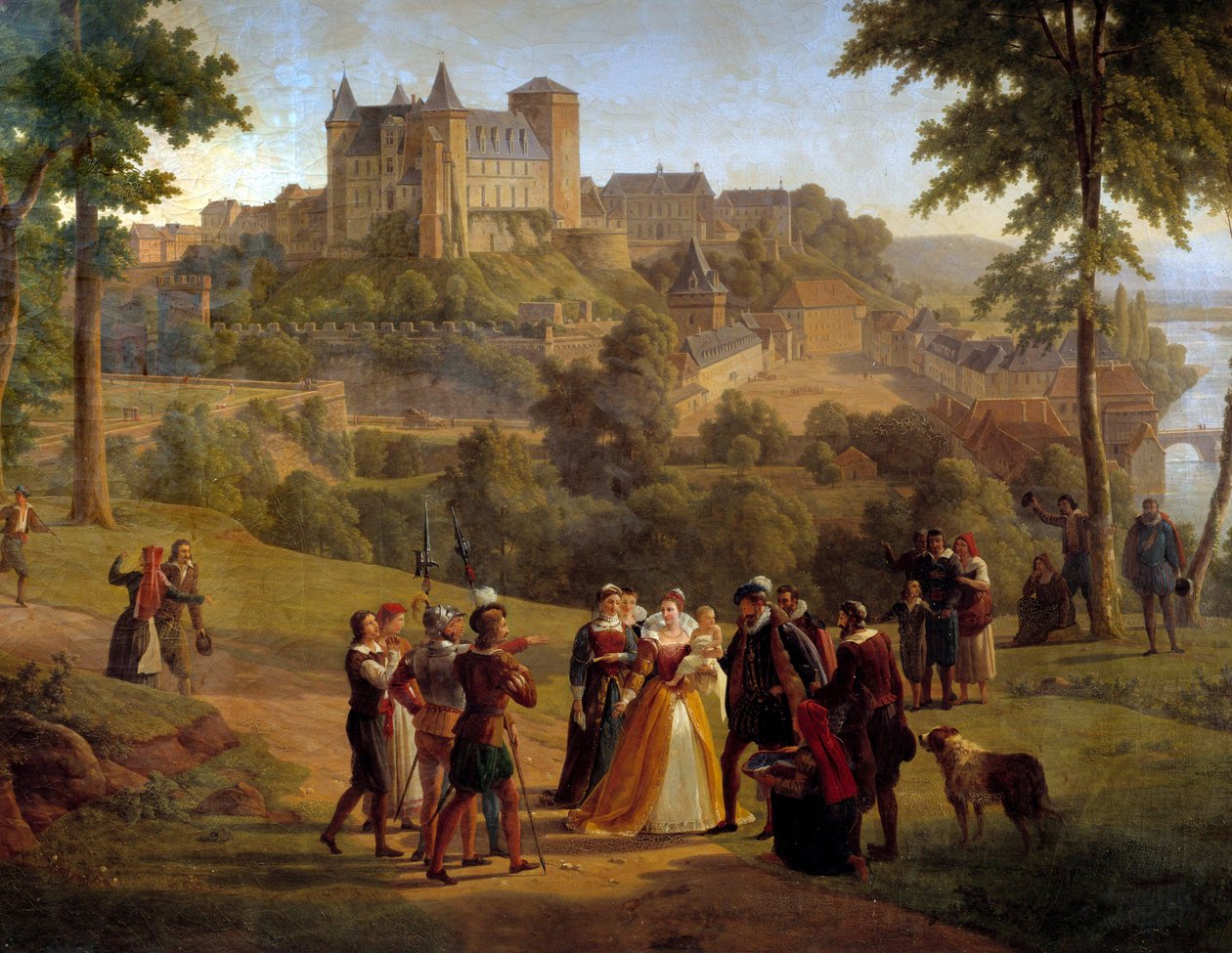 Ansicht des Schlosses von Pau, wo Heinrich IV. geboren wurde, aus dem großen Park. Detail, das eine Gruppe von Menschen darstellt, wahrscheinlich bestehend aus Jeanne d