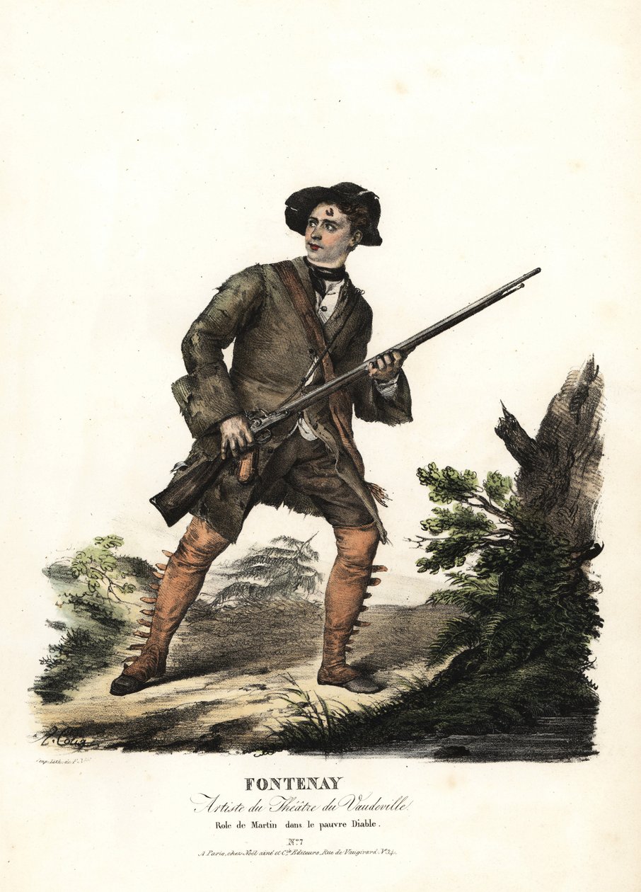 Jean-Baptiste Fontenay und Martin in Le Poor Diable von Balisson und Dumersan, Theatre du Vaudeville. Handkolorierte Lithografie von F. Noel nach einer Illustration von Alexandre-Marie Colin aus Porträts von Schauspielerinnen in verschiedenen Rollen, F. No von Alexandre Marie Colin