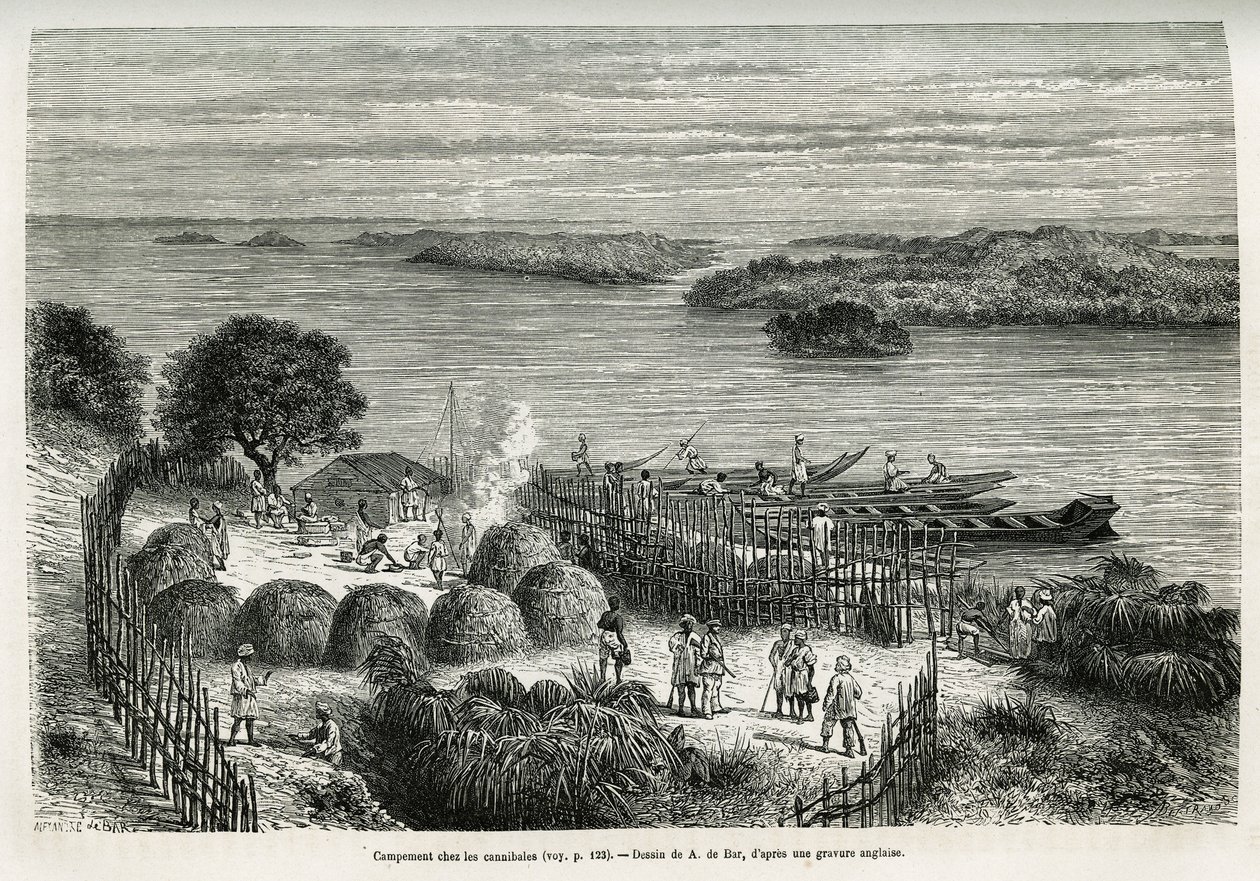 Das Lager befestigt die Expedition, um sich vor den Kannibalen Mouana Ntaba, nahe dem Fluss Leopold (Kongo), zu schützen, Zeichnung von A. De Bar, zur Illustration der Geschichte Durch den geheimnisvollen Kontinent, eine Reise zwischen 1874-1877, von Sir H von Alexandre de (after) Bar
