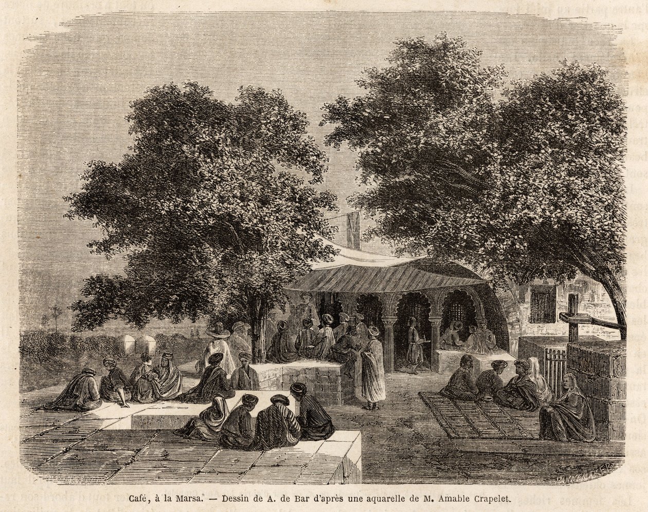 Ansicht eines Cafés in La Marsa (Tunis), Zeichnung von A.de Bar, zur Illustration einer Reise nach Tunis, 1859, von Amable Crapelet. Gravur in „Le tour du monde“, herausgegeben von Edouard Charton von Alexandre de (after) Bar