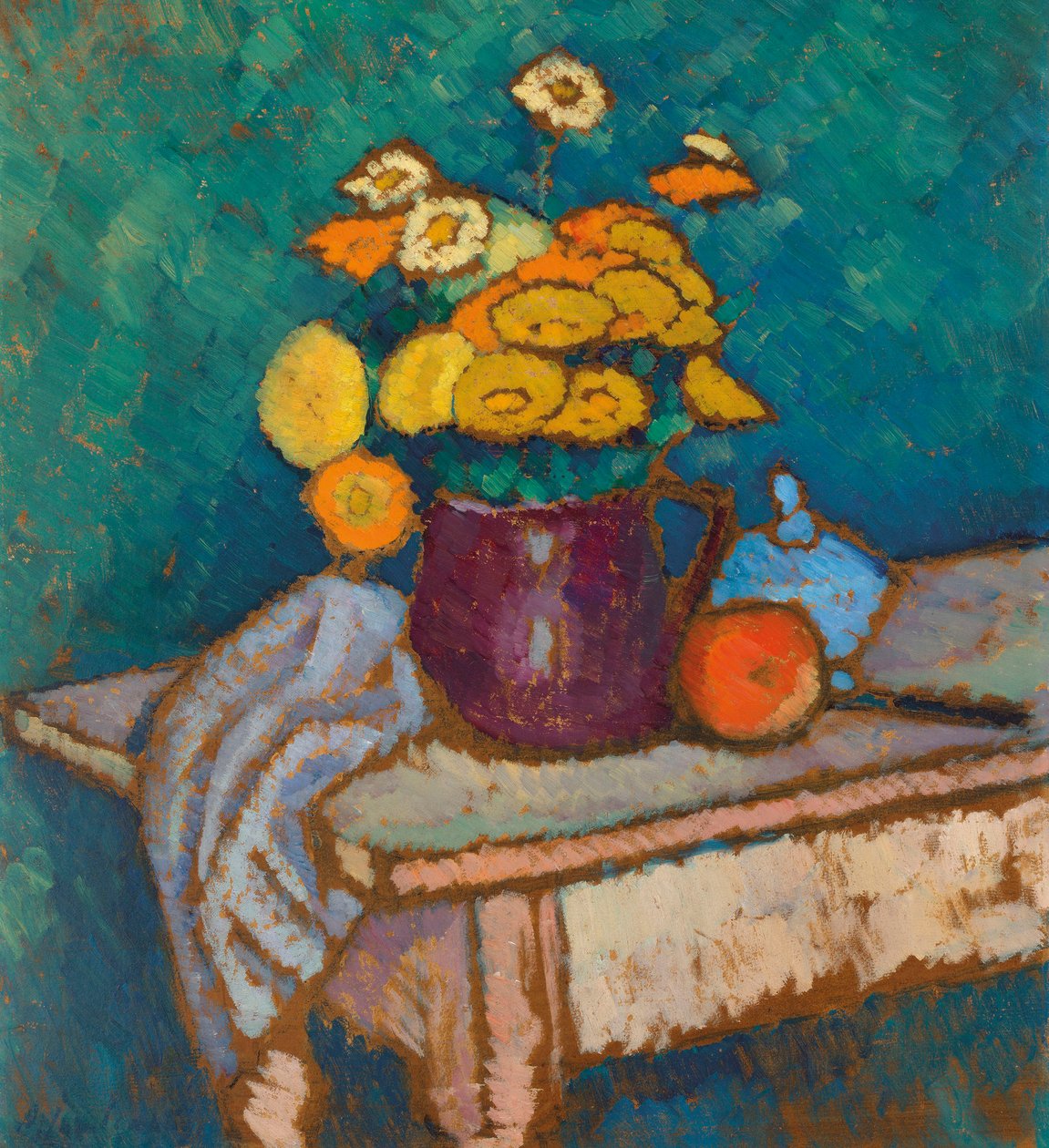 Stillleben mit Tuch, Blumen im Krug und Apfel von Alexei Javlensky von