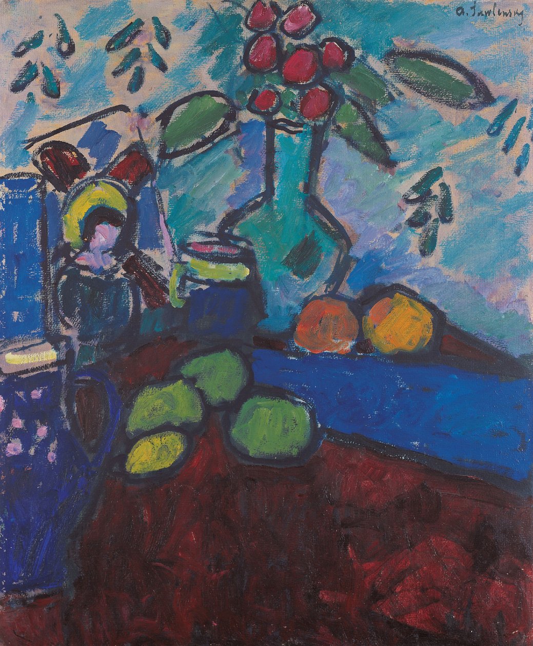 Stillleben mit Hinterglasmalerei, grüne Vase und Früchte von Alexej von Jawlensky