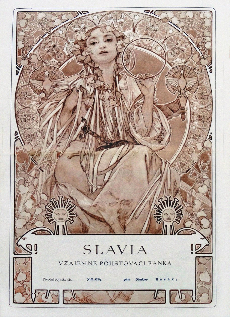Versicherungspolice der Slavia Versicherungsgesellschaft, 1942 von Alfons Marie Mucha