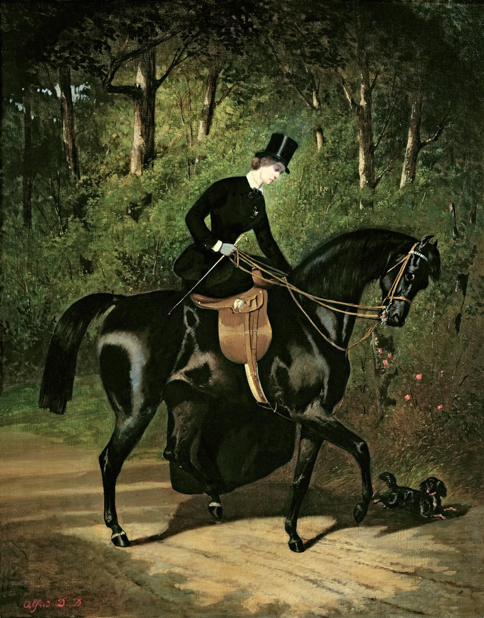 Die Reiterin Kipler auf ihrer schwarzen Stute von Alfred Dedreux