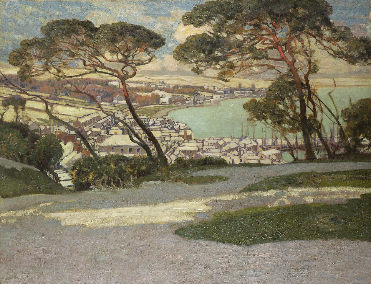 Newlyn, Penzance in der Ferne vom Garten von Geoffrey Garnier von Alfred East