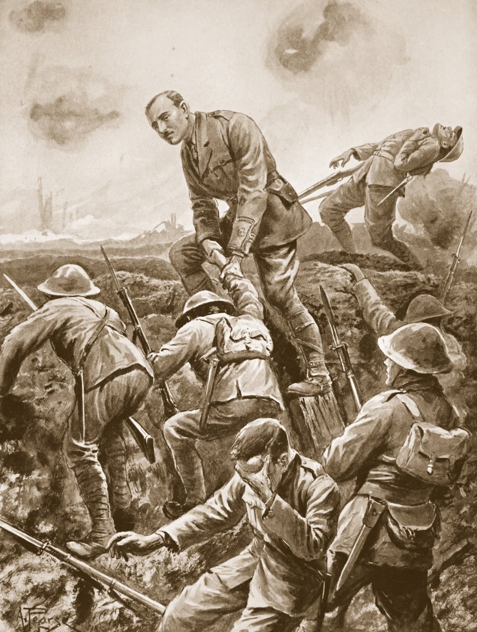 Temporary Major S.W. Loudoun-Shand hilft Männern über die Brüstung, während er starkem Maschinengewehrfeuer ausgesetzt ist von Alfred Pearse