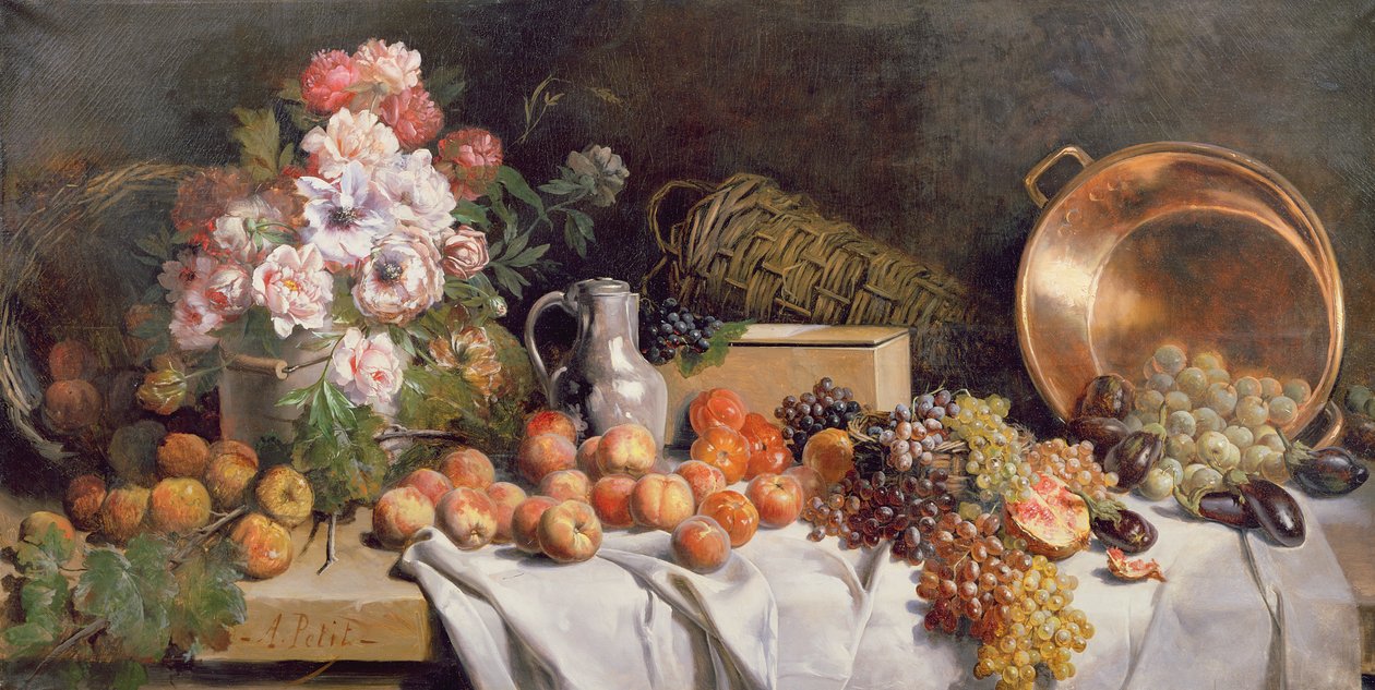 Stillleben mit Blumen und Früchten auf einem Tisch von Alfred Le Petit