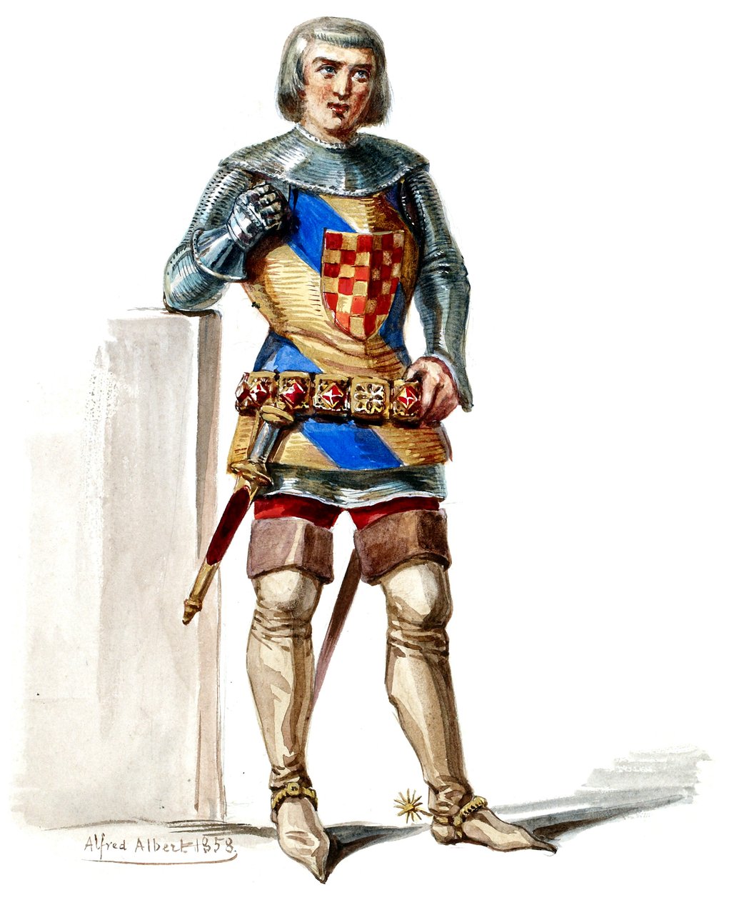 Halévy - Die Zauberin - Kostümentwürfe von Alfred Albert - 16. Graf von Poitou, 1. Kostüm, M. Belval (retuschiert) von Alfred Albert