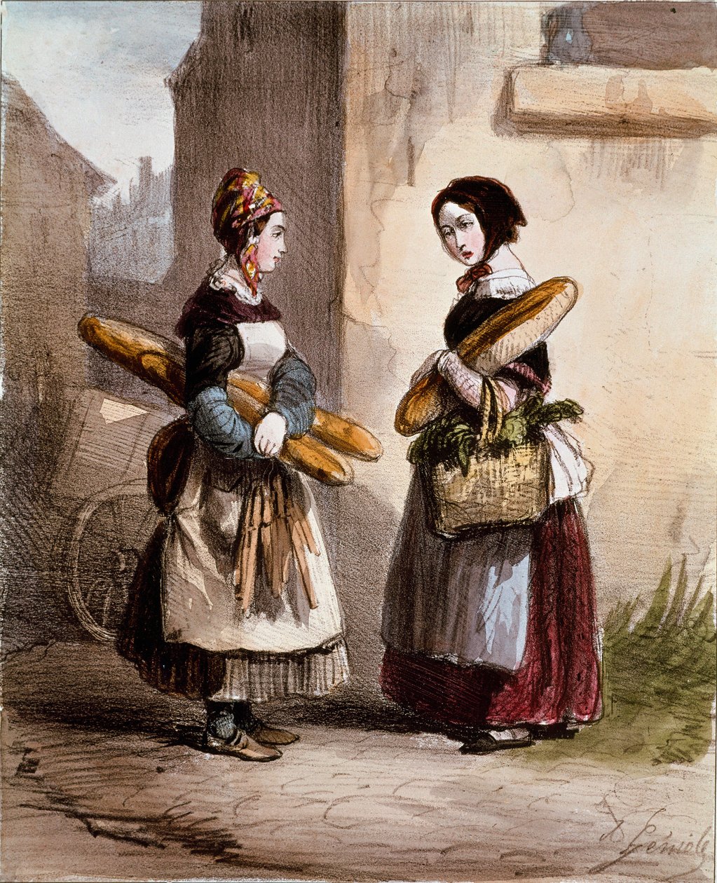 Kleine Berufe: die Bäckerei. Junger wandernder Brothändler. Druck von Alfred Andre Geniole aus Les femmes de Paris 1841-1842 Paris, Musee Carnavalet von Alfred Andre Geniole