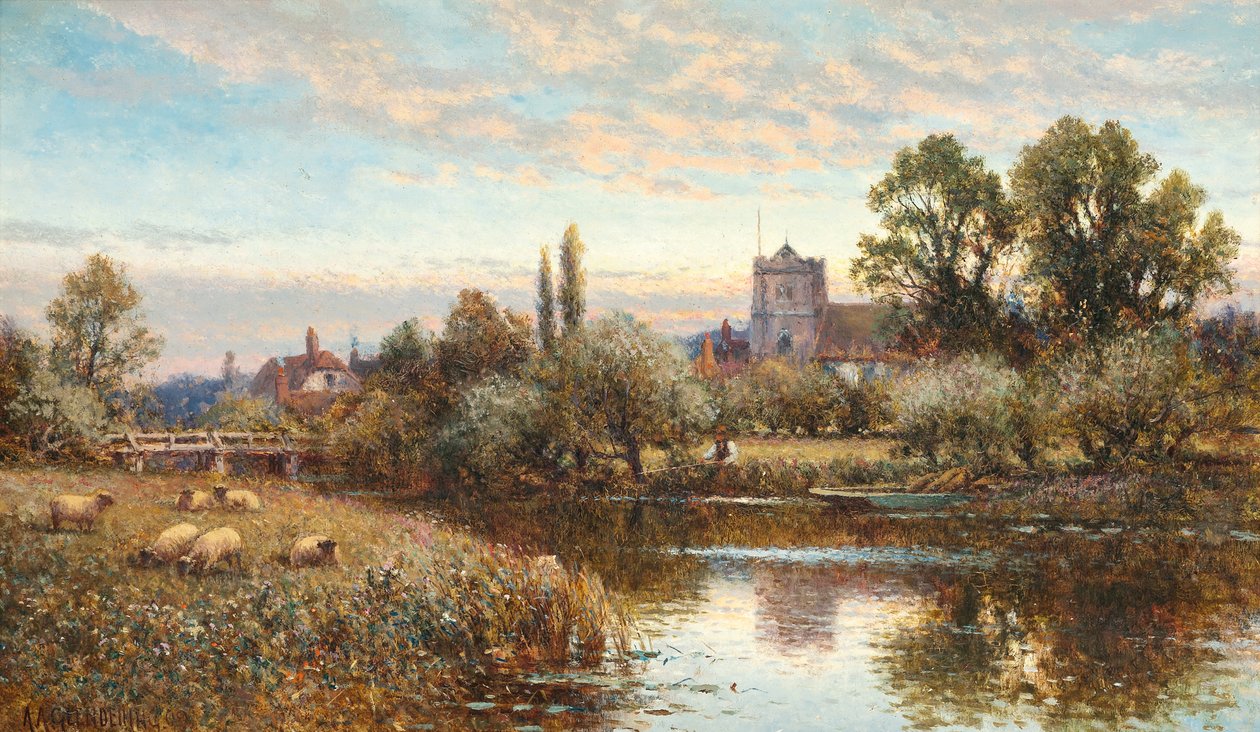 Schafe weiden vor der Kirche von Wrotham, Dämmerung von Alfred Augustus Glendening