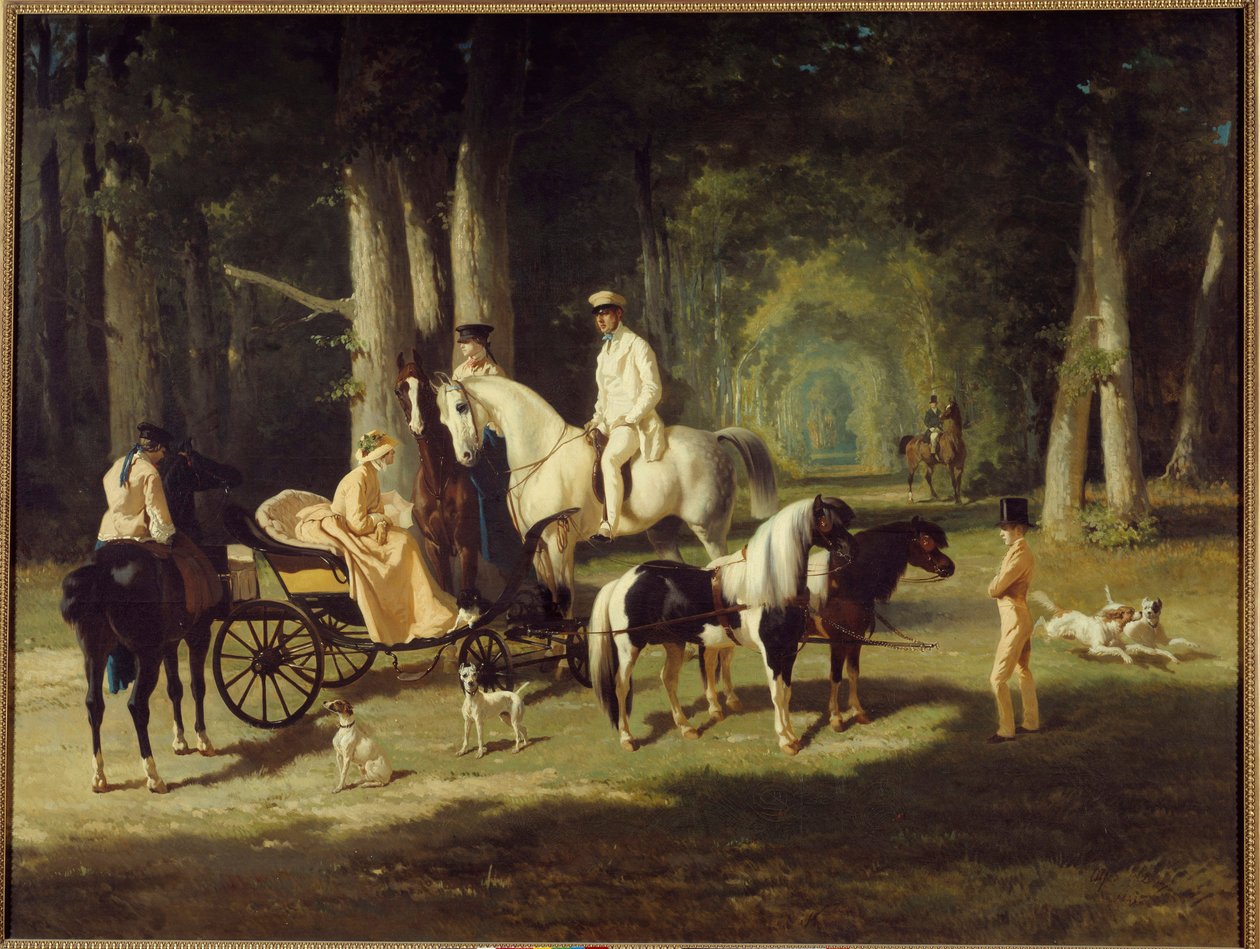 Herr und Frau A. Mosselman und ihre zwei Töchter reiten durch den Wald von Alfred Dedreux