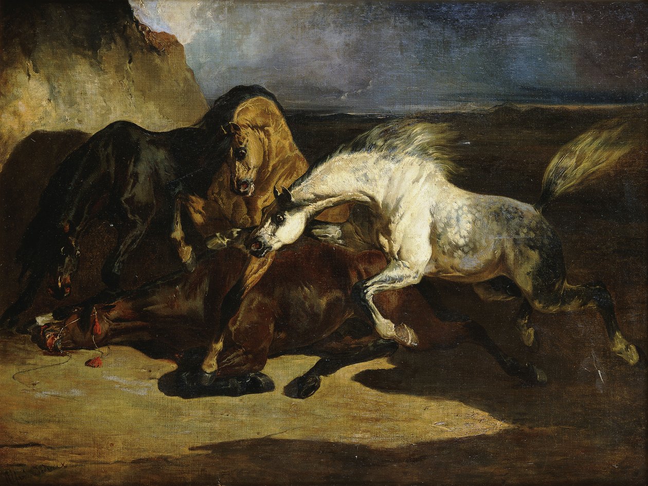 Hengste kämpfen in einer stürmischen Landschaft von Alfred Dedreux