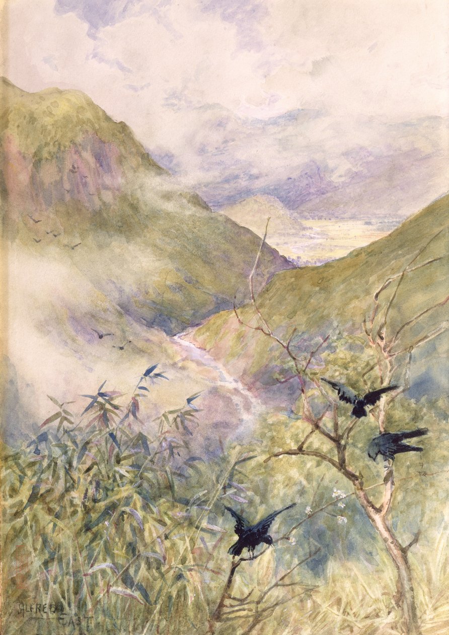 Blick über die Lilien: Das Tal von Nikko, Blick nach Osten in Richtung der Provinz Shimo-no-Tsuke, ca. 1889 von Alfred East