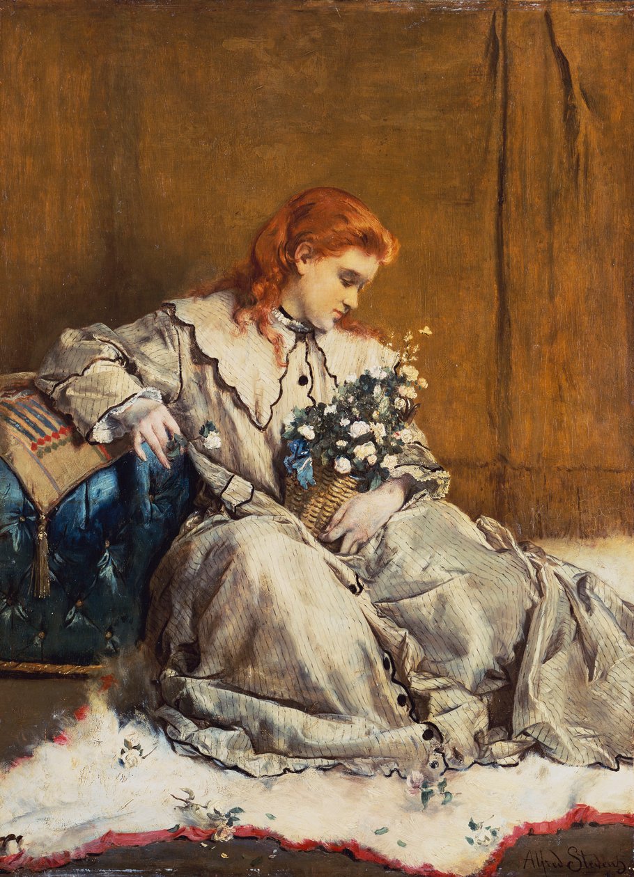 Tagtraum, junges rothaariges Mädchen mit blauem Ottomanen von Alfred Emile Stevens