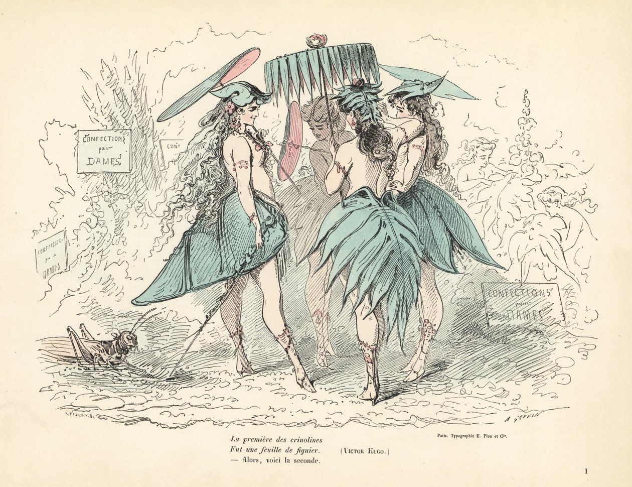 Frauen nur in Feigenblattkleidern und Hüten, die Blattpaare halten von Alfred Grevin