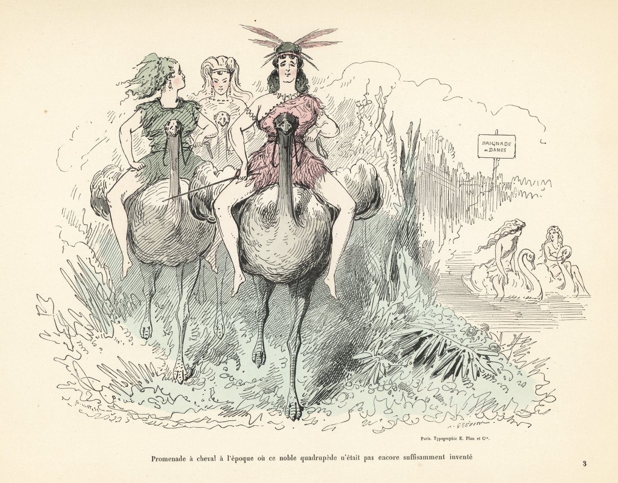 Frauen in Tierfellen und Federn, die Strauße und Schwäne reiten von Alfred Grevin