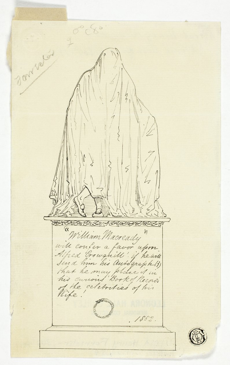Visitenkarte mit drapiertem Denkmal, Künstlerinschrift von Alfred Henry Forrester