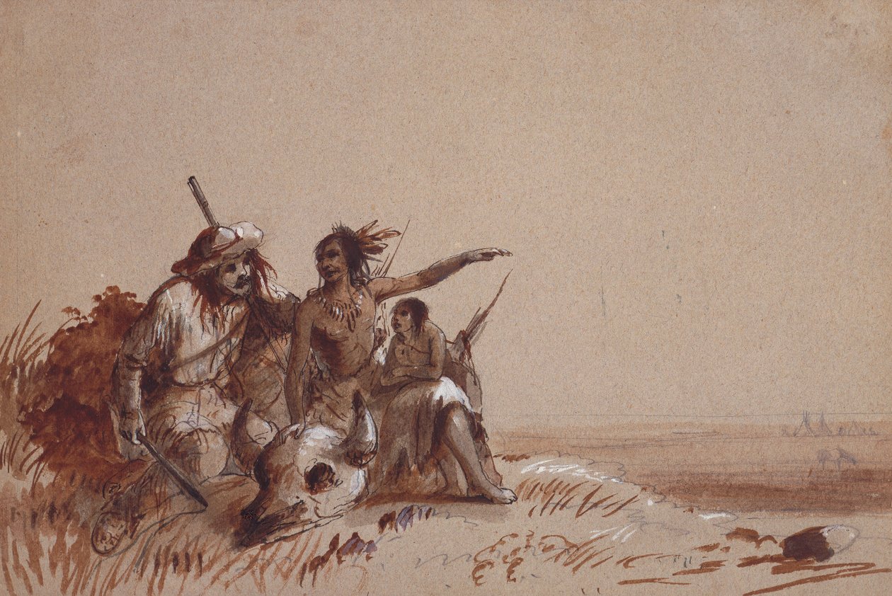 Kansas-Indianer erzählt einem Fallensteller durch Zeichen die Wanderung der Büffel, ca. 1837 von Alfred Jacob Miller