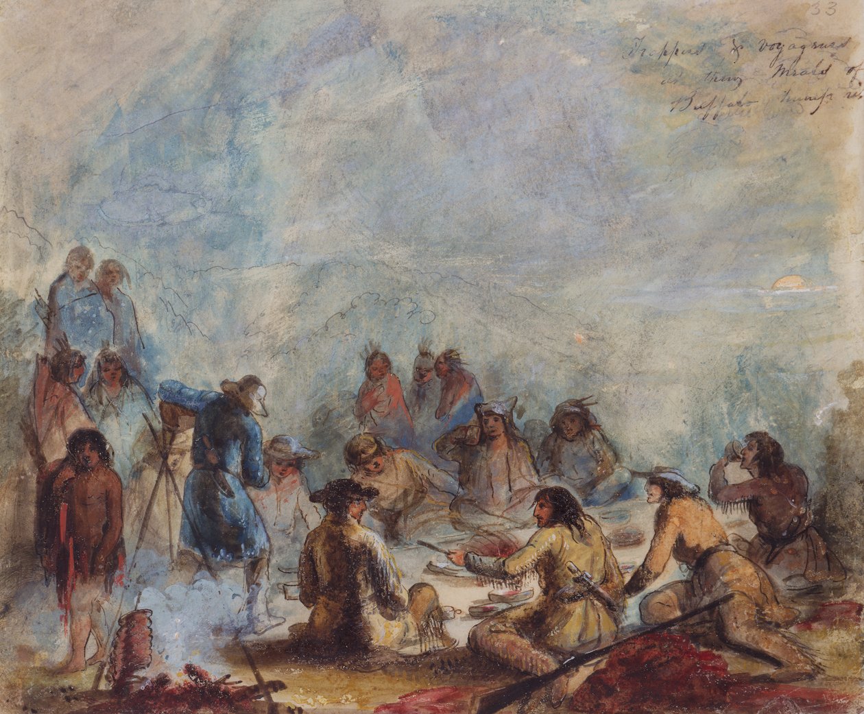 Sonnenaufgang, Fallensteller und Reisende bei ihrer Mahlzeit aus Büffelhumpenrippe, ca. 1837 von Alfred Jacob Miller