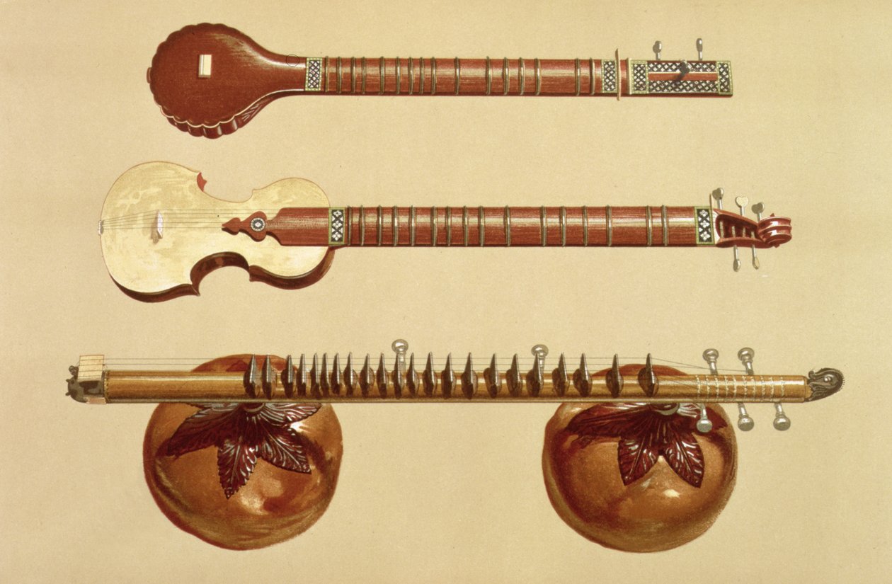Zwei Sitars und eine Rudra Vina, indisch, aus 'Musical Instruments'