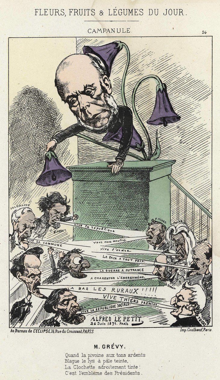 Glockenblume: Karikatur über Grévy - ill. vom 26/06/1871 von Alfred Le Petit, in „Blumen, Früchte und Gemüse des Tages“ von Alfred Le Petit