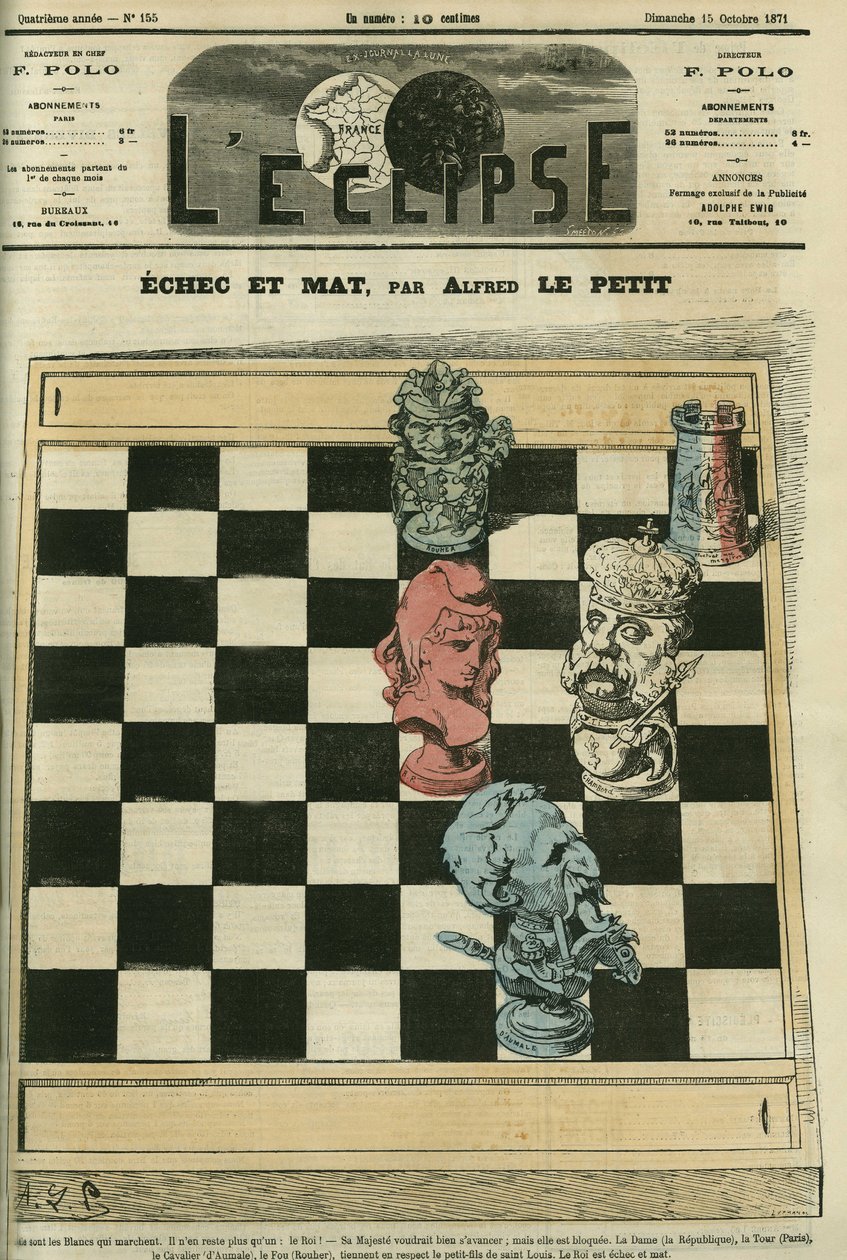 Schachmatt, die Dame-Republique, der Turm-Paris, der Reiter-Duc von Aumale (1822-1897), der Läufer-Rouher (1814-1884) haben König Louis-Philippe d