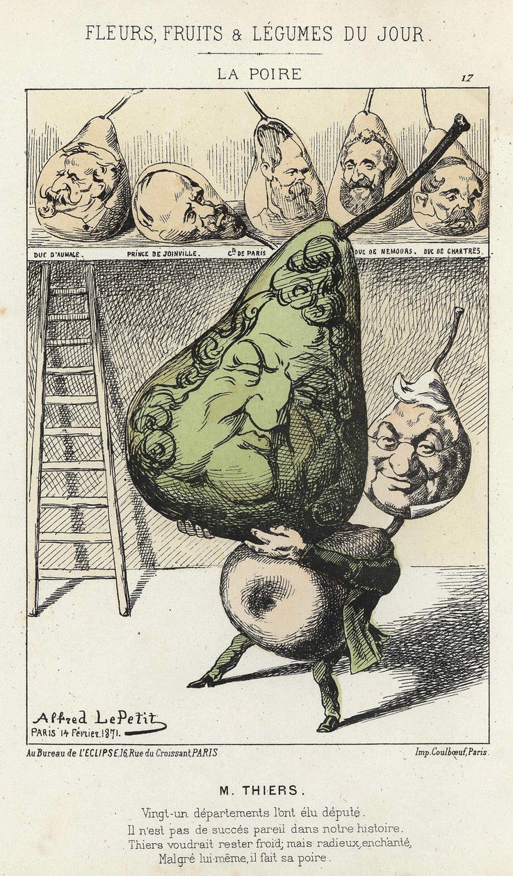 La Peire: Karikatur über Thiers - Ill. vom 14/02/1871 von Alfred Le Petitty, in „Blumen, Früchte und Gemüse des Tages“ von Alfred Le Petit