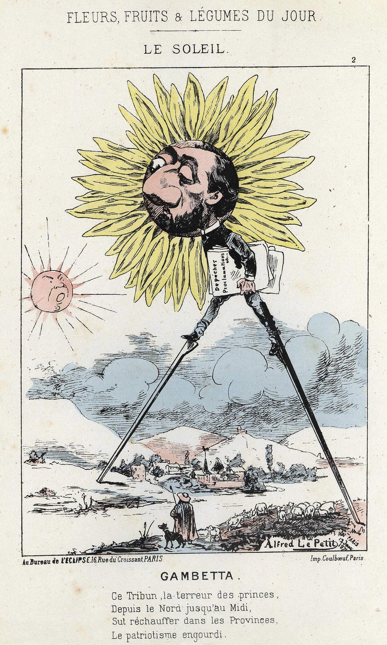 Le Soleil (Sonnenblume): Karikatur über Gambetta (1838 - 1882) - Ill. vom 12.01.1871 in „Blumen, Früchte und Gemüse des Tages“ von Alfred Le Petit