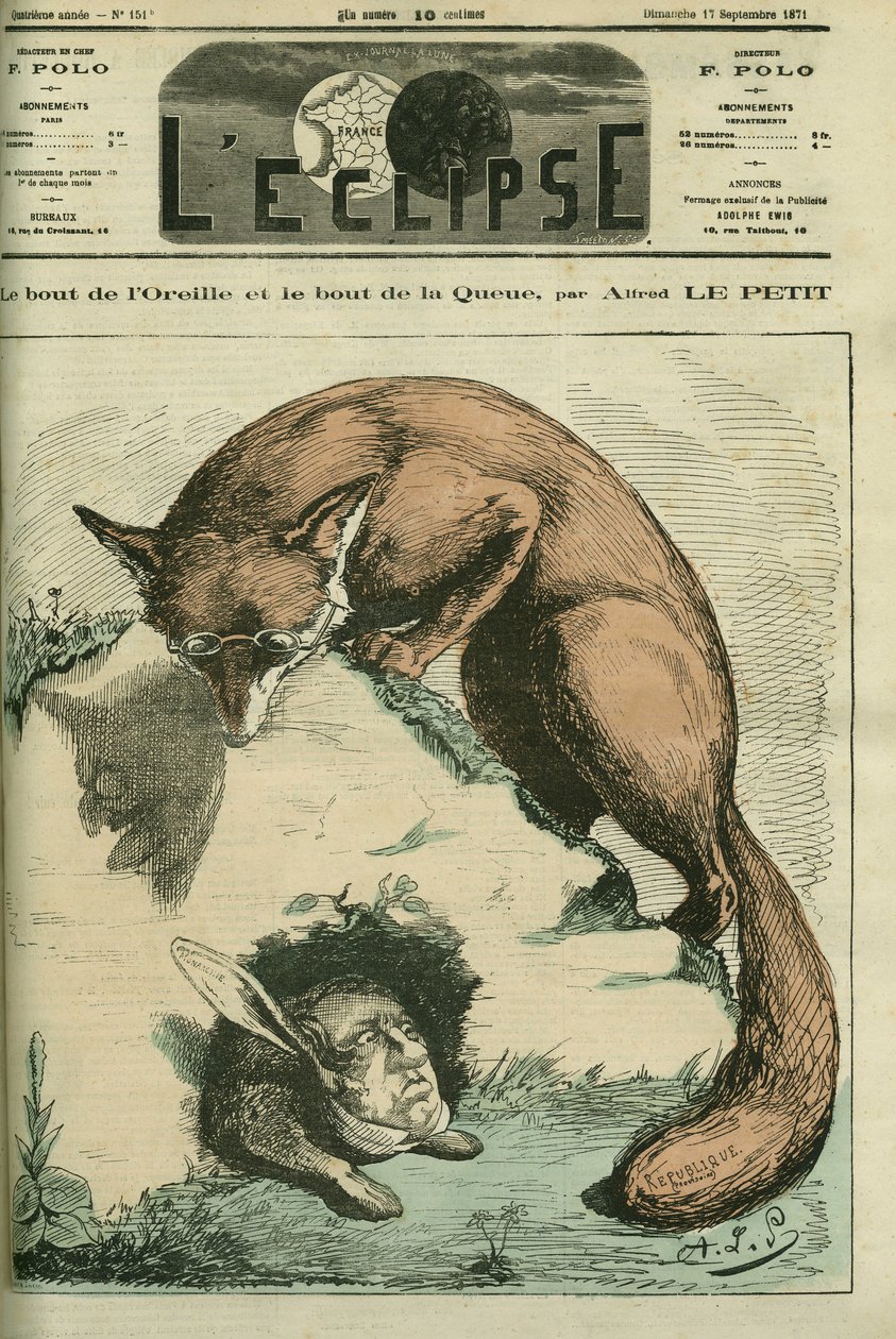 Die Spitze des Ohrs und die Spitze des Schwanzes, zwischen Adolphe Thiers als Fuchs - Republik und Philippe d