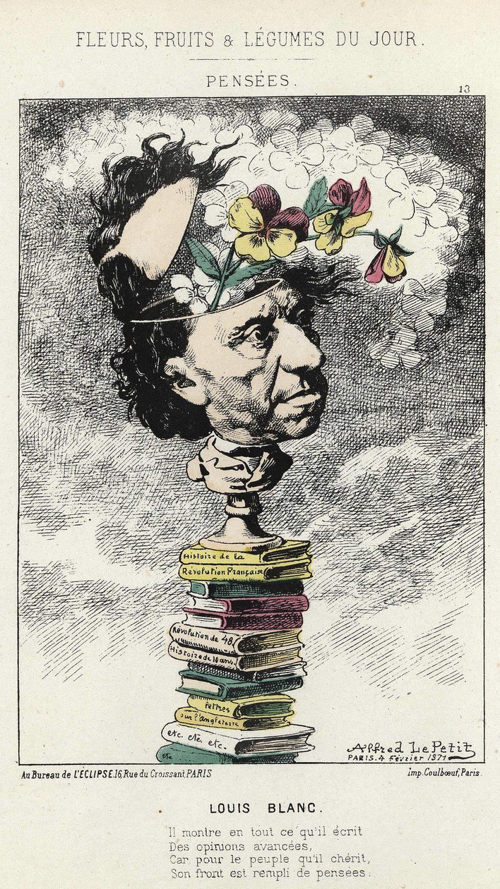 Gedanken: Karikatur über Louis Blanc - ill. vom 04.02.1871 in „Blumen, Früchte und Gemüse des Tages“ von Alfred Le Petit